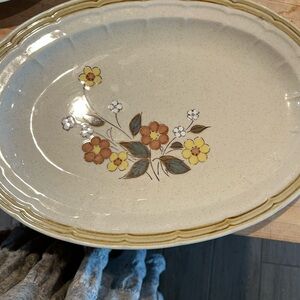 Vintage Floral Ceramic Serving Platter - Cream with Yellow & Brown Flowers